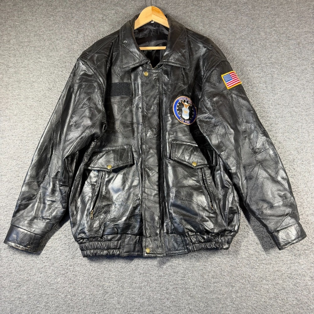 Vintage Genuine Leather Mens Embroidered Bomber Jacket Size XL Extra Large Black